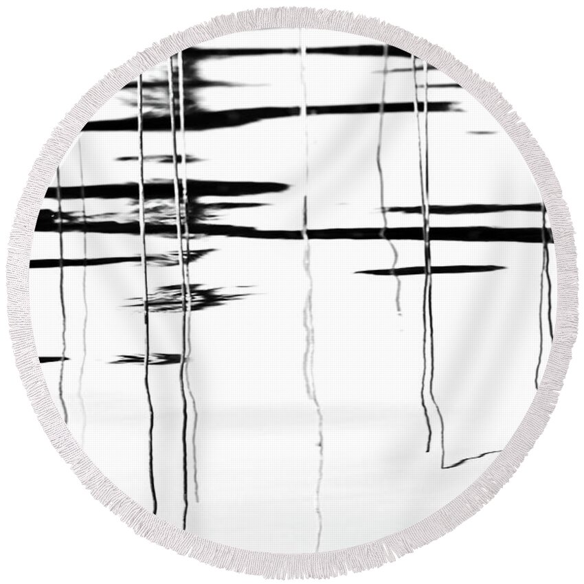 Black And White Round Beach Towel featuring the photograph Light And Shadow Reeds Abstract by Debbie Oppermann