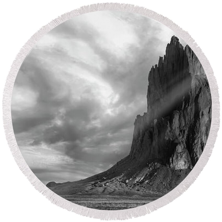 New Mexico Round Beach Towel featuring the photograph Light on Shiprock by Jon Glaser