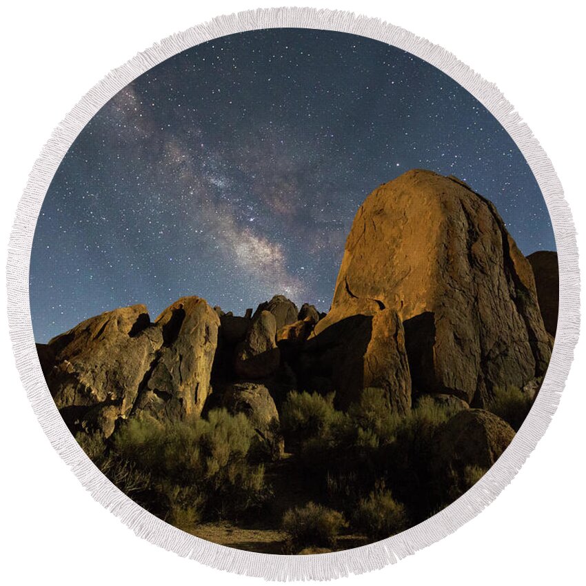 Alabama Hills Round Beach Towel featuring the photograph Light Painted Rocks In The Hills by Mimi Ditchie