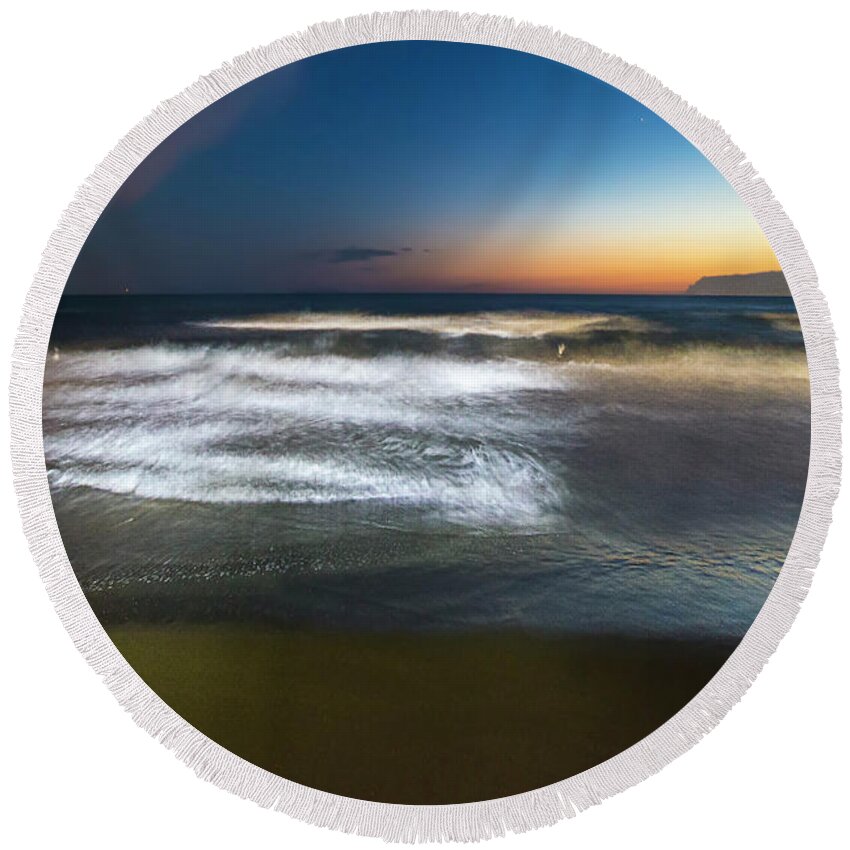 Passeggiatealevante Round Beach Towel featuring the photograph Light Waves At Sunset - Onde Di Luce Al Tramonto II by Enrico Pelos