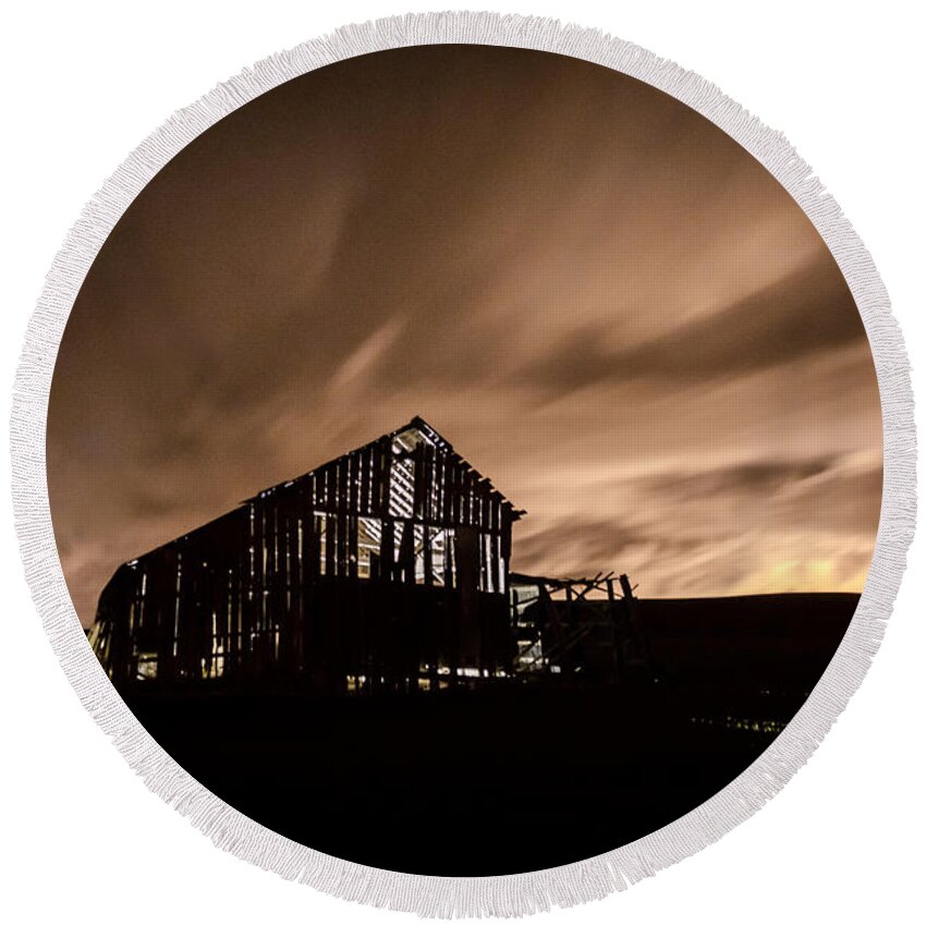 Barn Round Beach Towel featuring the photograph Lighted Barn by Brad Stinson