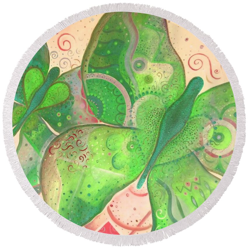 Moth Round Beach Towel featuring the painting Lighthearted In Green On Red by Helena Tiainen