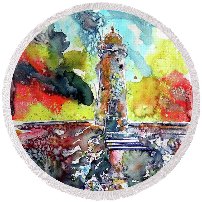 Lighthouse Round Beach Towel featuring the painting Lighthouse after storm by Kovacs Anna Brigitta