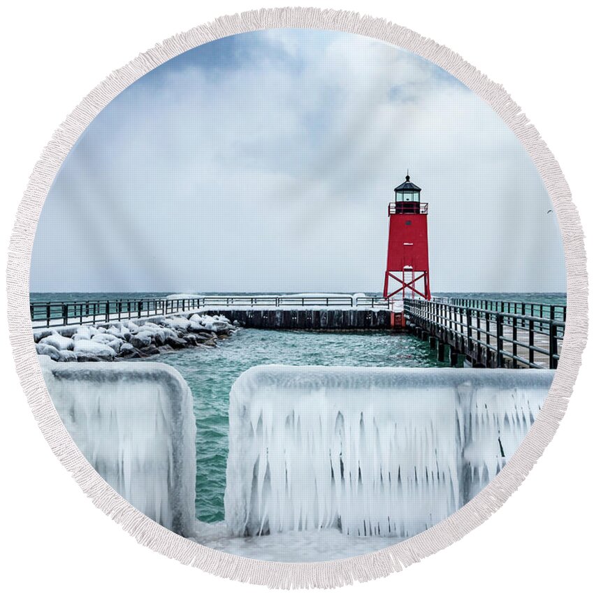  Round Beach Towel featuring the photograph Lighthouse and Ice by Framing Places