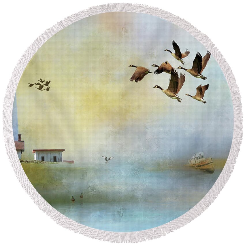 Lighthouse Round Beach Towel featuring the mixed media Lighthouse Bay by Theresa Campbell