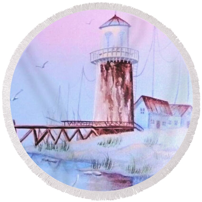 Lighthouse Round Beach Towel featuring the painting Lighthouse by Denise F Fulmer