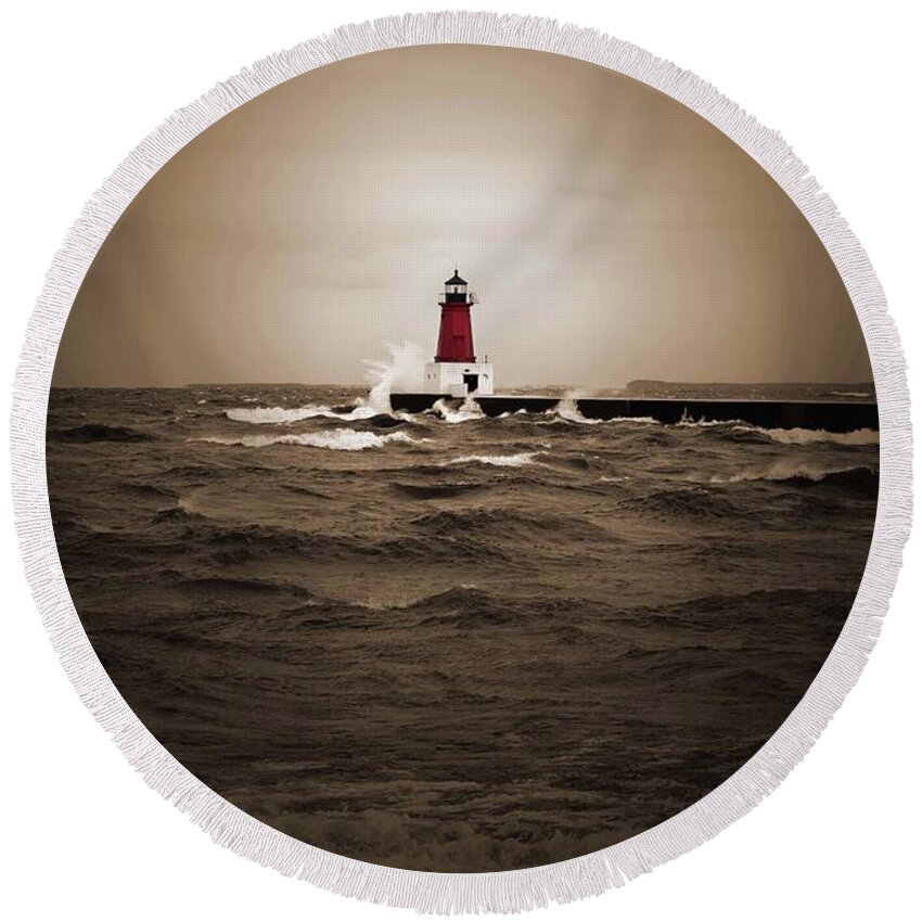America Round Beach Towel featuring the photograph Lighthouse Glow Sepia Spot color by Ms Judi