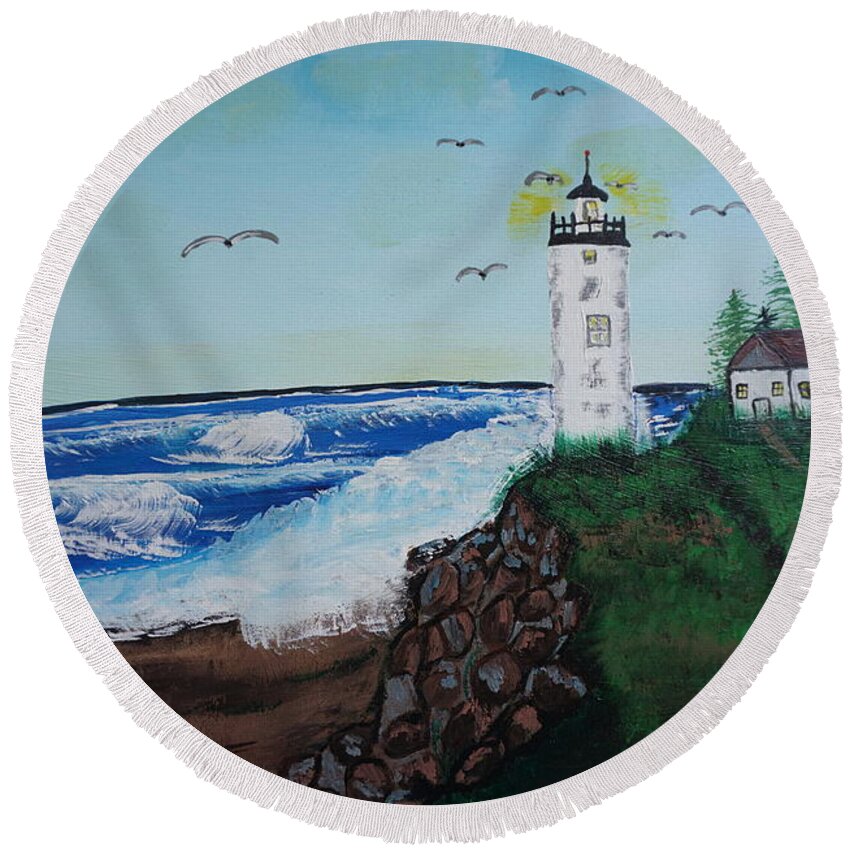 Lighthouse Round Beach Towel featuring the painting Lighthouse by Jimmy Clark
