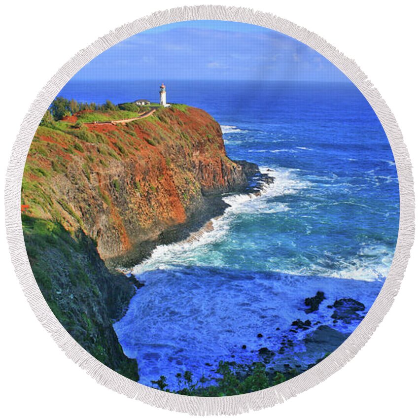 Lighthouse Round Beach Towel featuring the photograph Lighthouse On The Hill by Scott Mahon