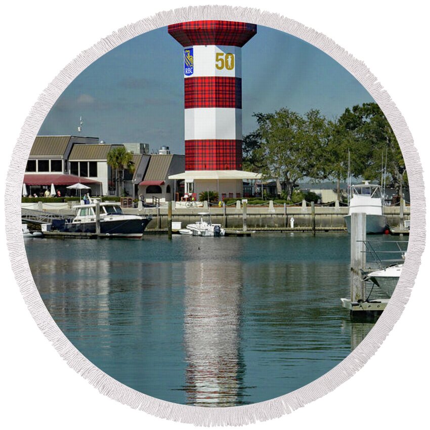 Hilton Head Round Beach Towel featuring the photograph Lighthouse Reflection by Jerry Griffin