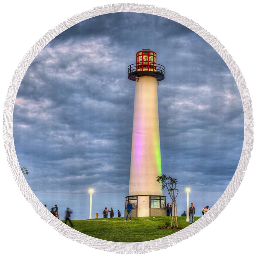 Lighthouse Round Beach Towel featuring the photograph Lighthouse Shoreline Park by David Zanzinger