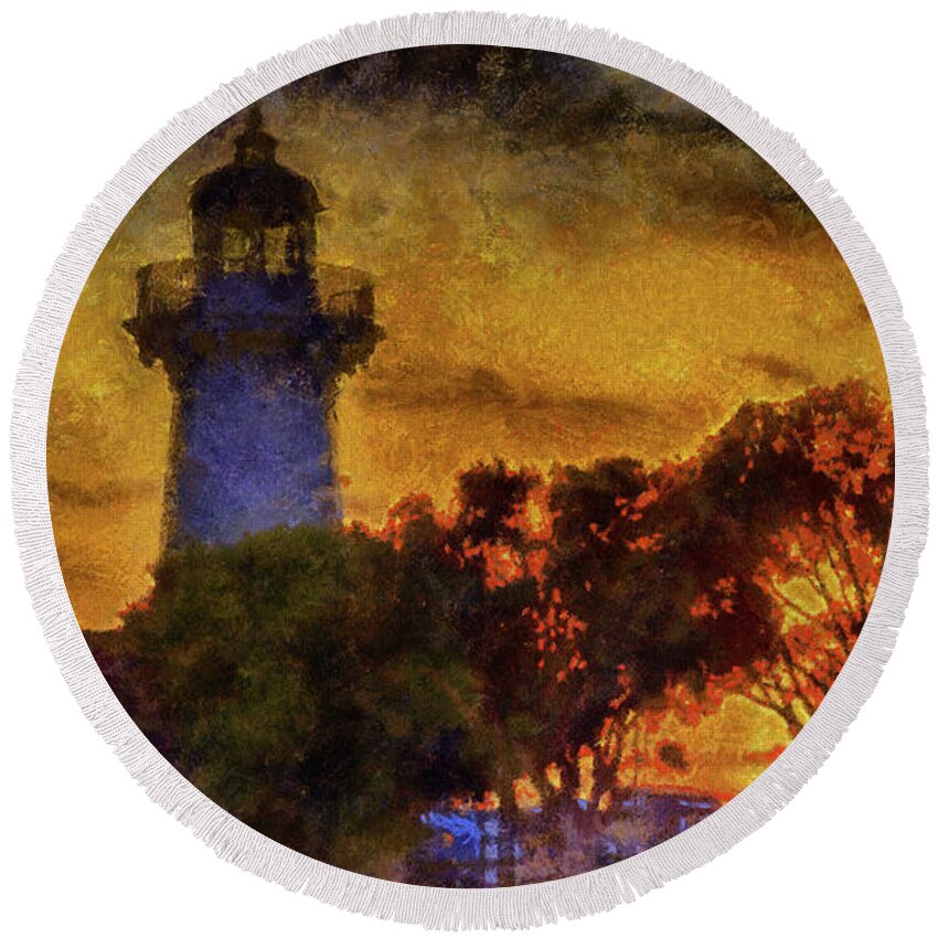 Lighthouse Round Beach Towel featuring the mixed media Lighthouse Sunset by Joseph Hollingsworth