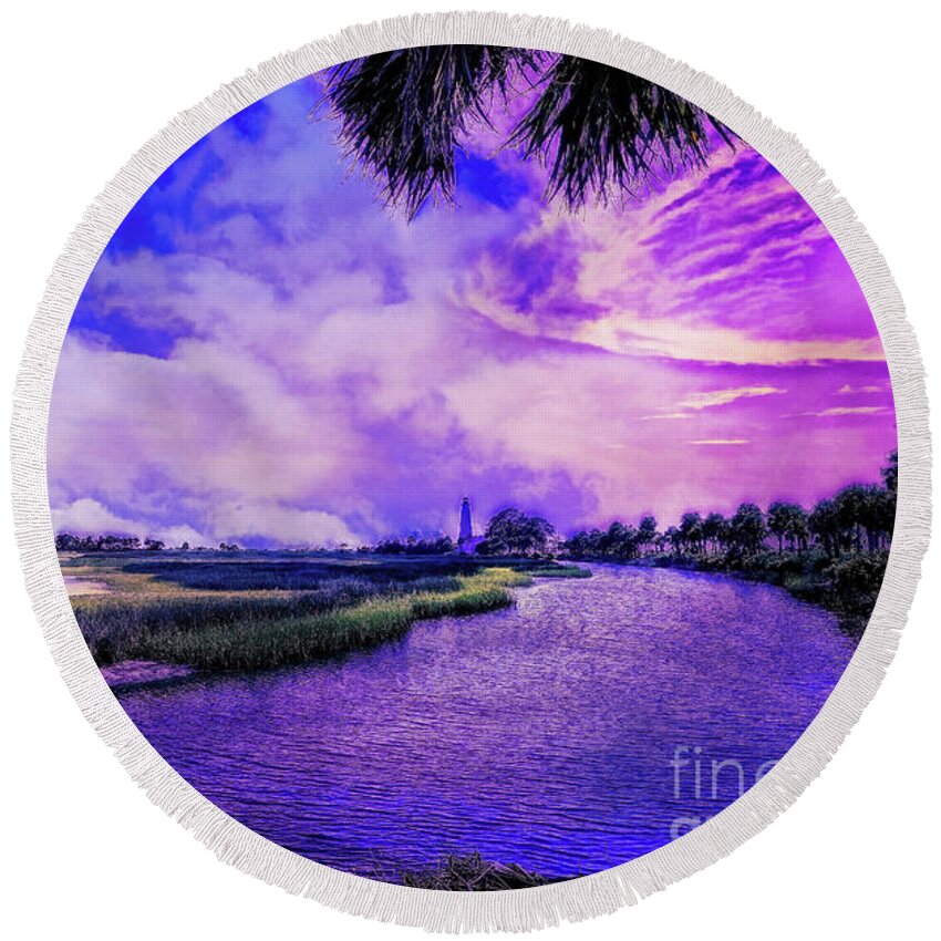 Lighthouses Round Beach Towel featuring the digital art Lighthouse Surreal Magic by DB Hayes