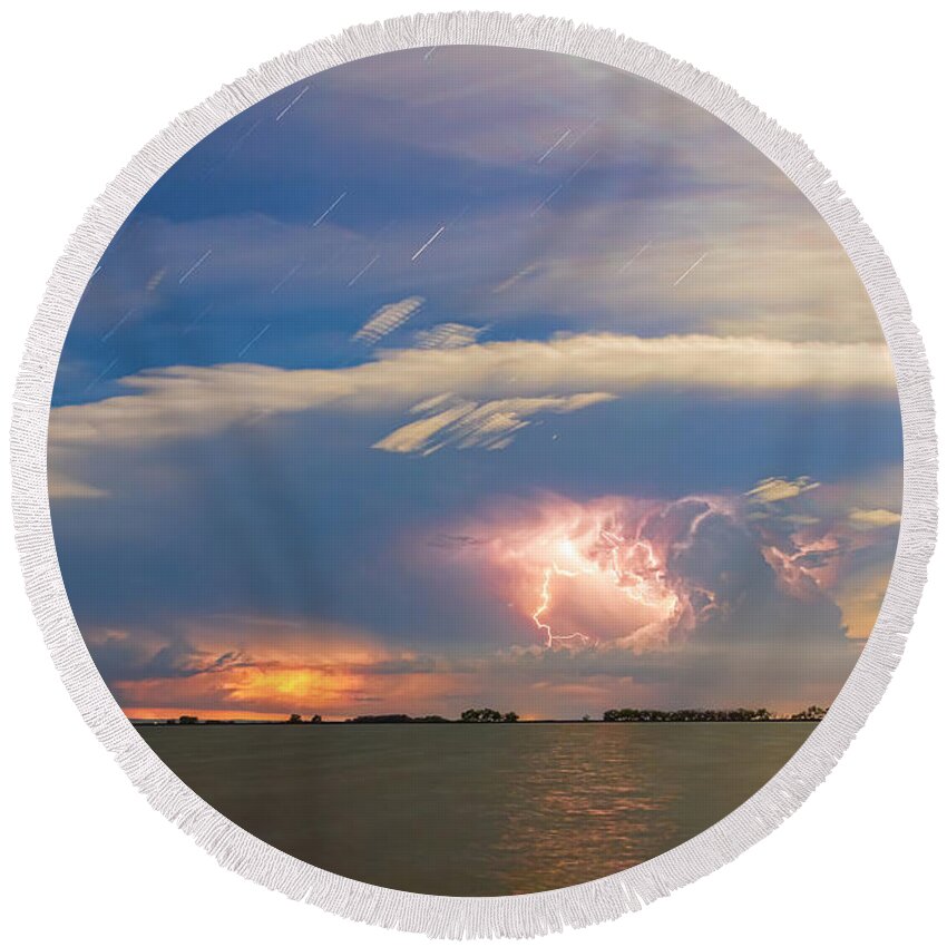 Storm Round Beach Towel featuring the photograph Lightning at Sunset with Star Trails by James BO Insogna