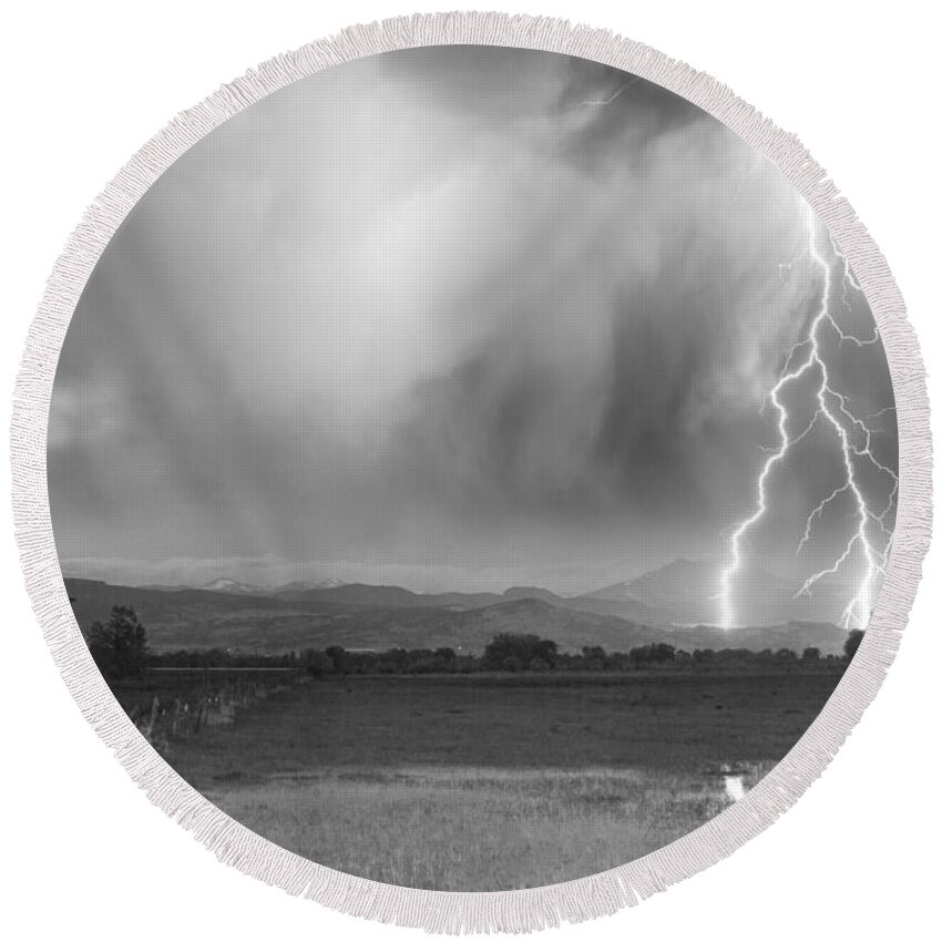 Lightning Round Beach Towel featuring the photograph Lightning Bolts Striking Longs Peak Foothills 6BW by James BO Insogna