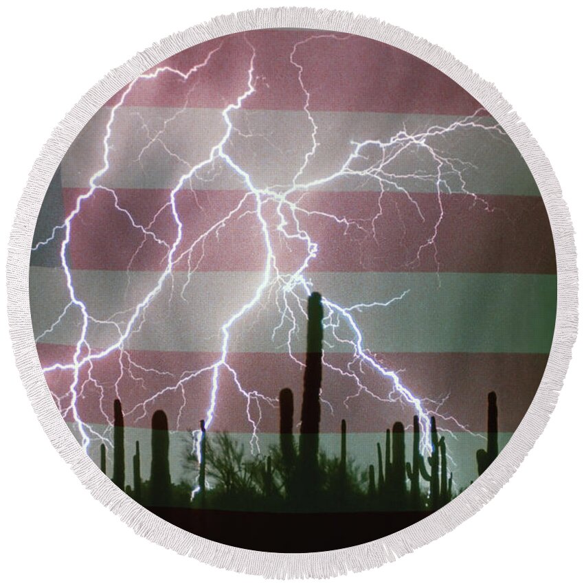 Americano Round Beach Towel featuring the photograph Lightning Storm in the USA Desert Flag Background by James BO Insogna