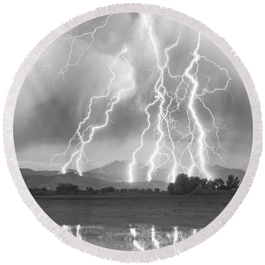 Foothills Round Beach Towel featuring the photograph Lightning Striking Longs Peak Foothills 4CBW by James BO Insogna