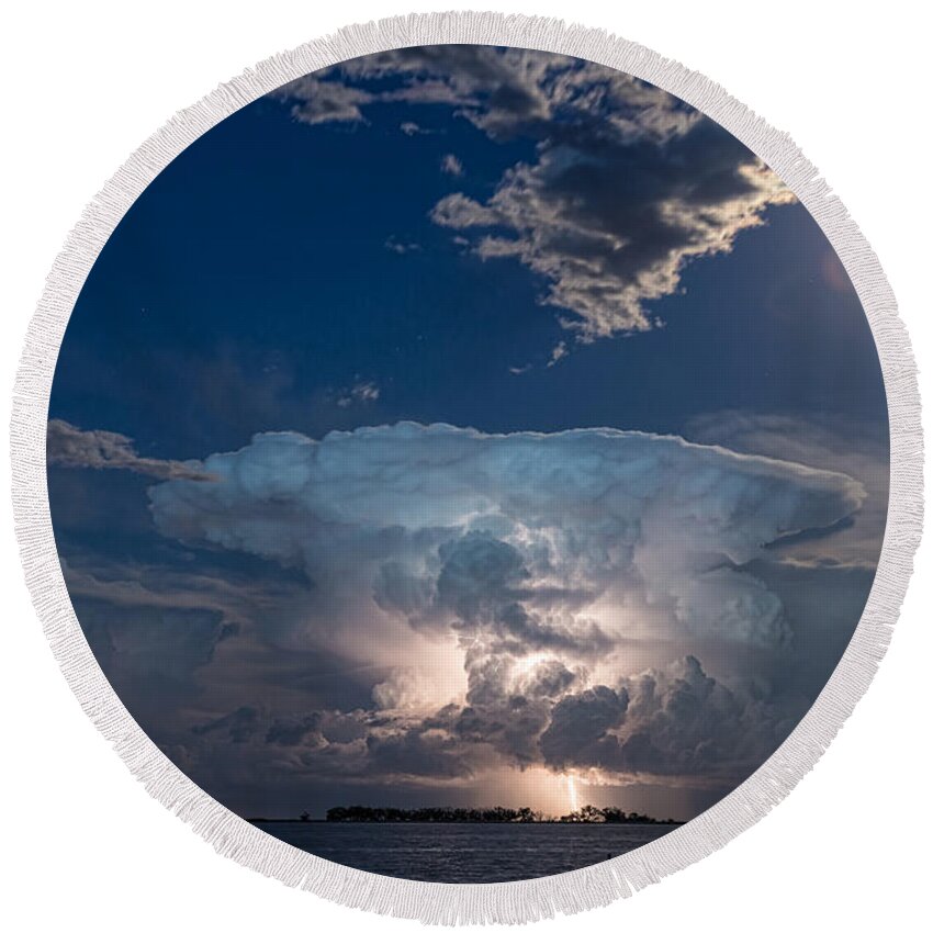 Storm Round Beach Towel featuring the photograph Lightning Striking Thunderstorm Cell and Full Moon by James BO Insogna