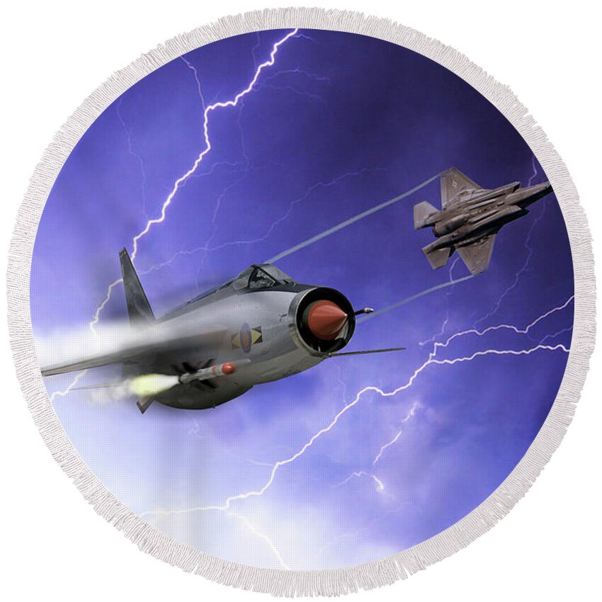 Lightnings Round Beach Towel featuring the digital art Lightnings by Airpower Art