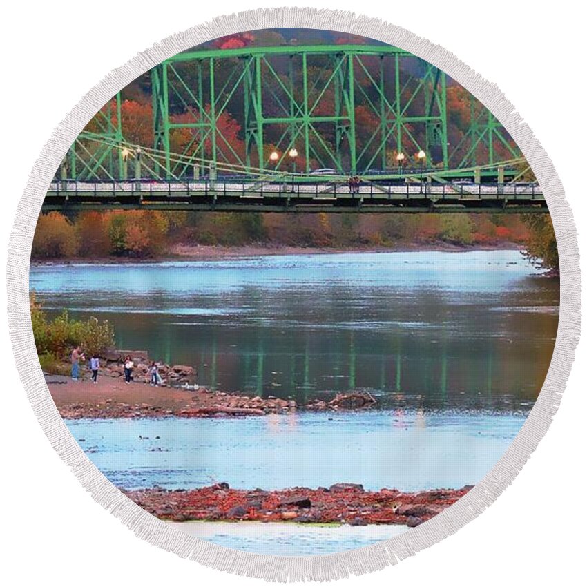 Bridge Round Beach Towel featuring the photograph Lights Across The Delaware by Tami Quigley