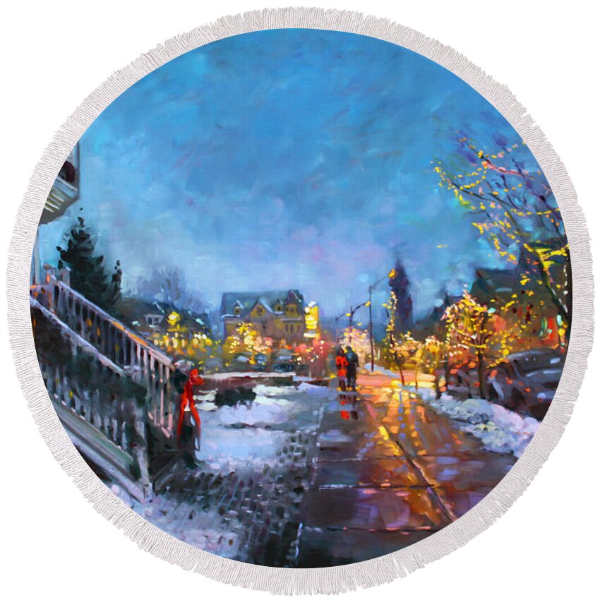 Christmas Lights Round Beach Towel featuring the painting Lights on Elmwood Ave by Ylli Haruni