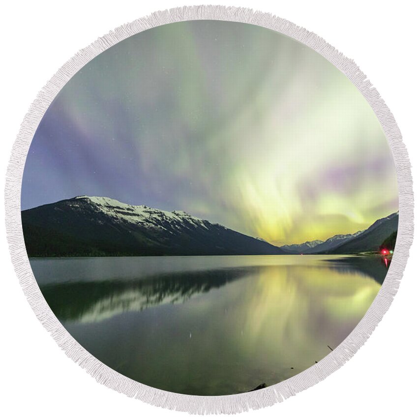 Photosbymch Round Beach Towel featuring the photograph Lights Reflecting on Moose Lake by M C Hood