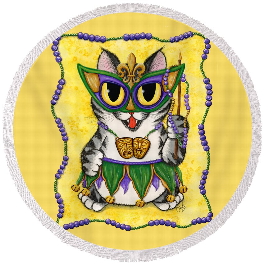 Mardi Gras Cat Round Beach Towel featuring the painting Lil Mardi Gras Cat by Carrie Hawks