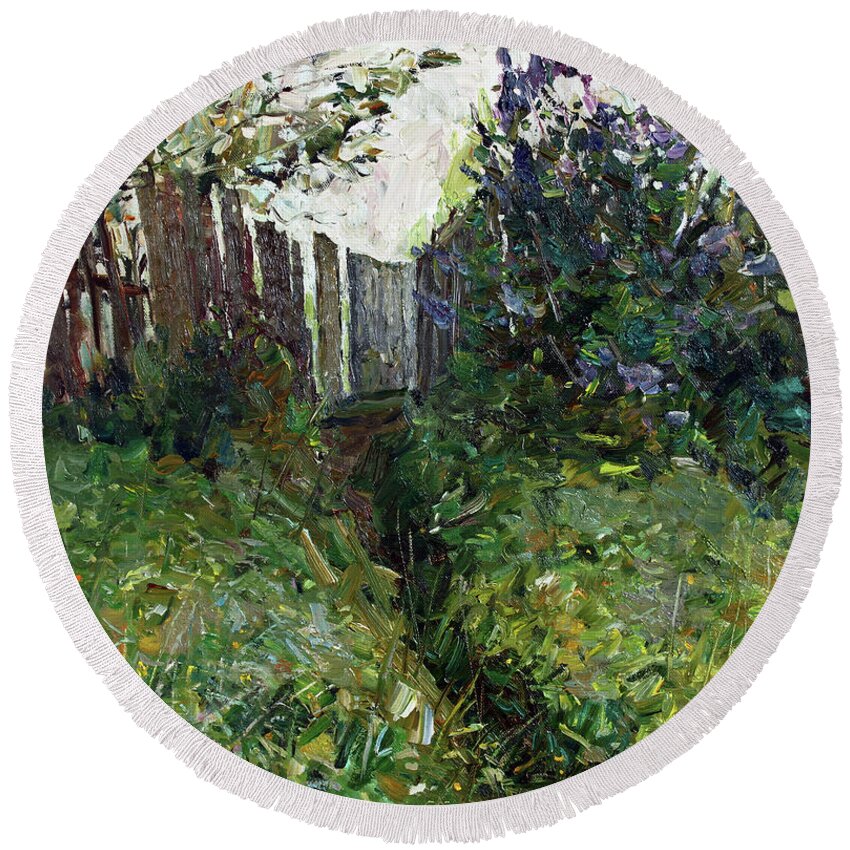 Plein Air Round Beach Towel featuring the painting Lilac near old fence by Juliya Zhukova