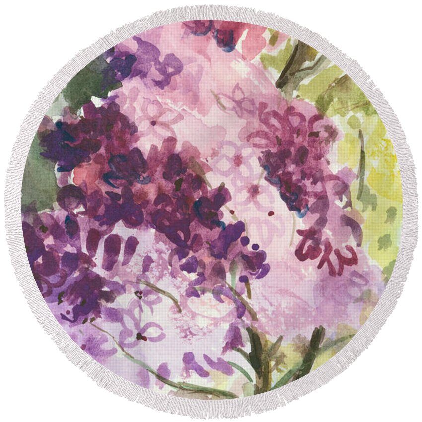 Original Round Beach Towel featuring the painting Lilacs - Note Card by Elisabeta Hermann