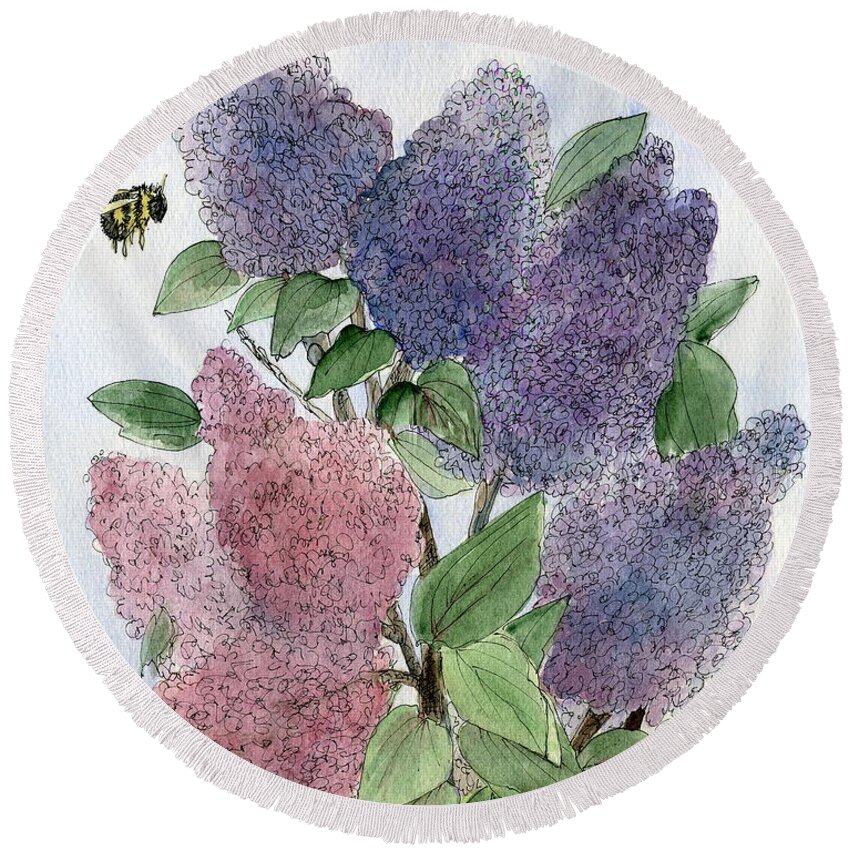Lilacs Round Beach Towel featuring the painting Lilacs and Bees by Laurie Rohner