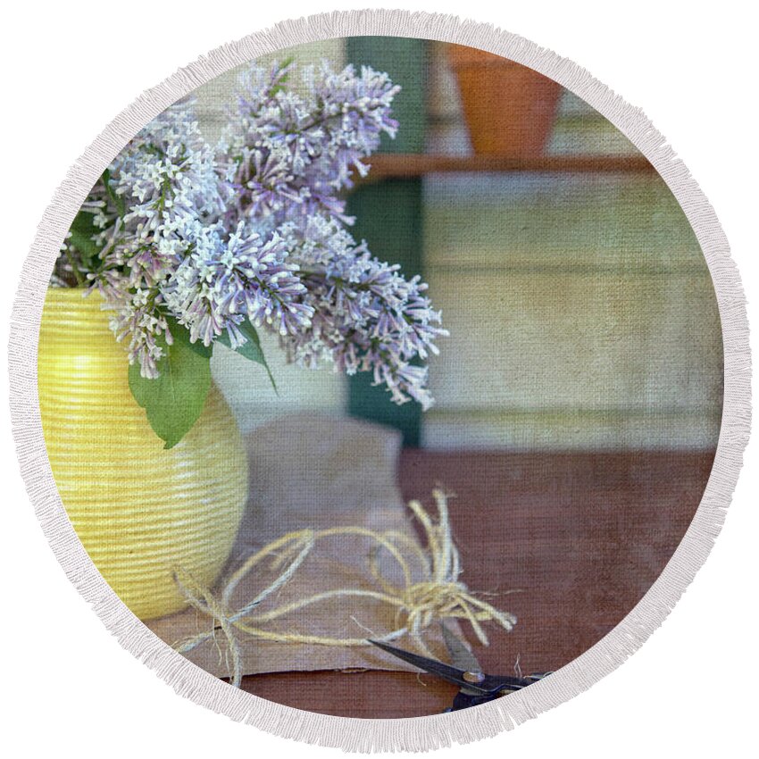 Lilacs Round Beach Towel featuring the photograph Lilacs in Yellow Vase by Rebecca Cozart