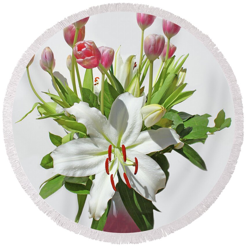 Flowers Round Beach Towel featuring the photograph Lilies And Tulips by Carl Deaville