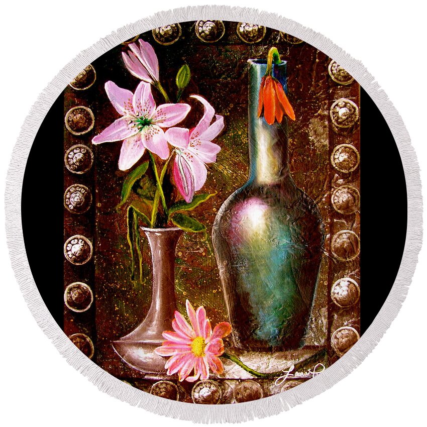  Painting Round Beach Towel featuring the painting Lilies by Laura Pierre-Louis
