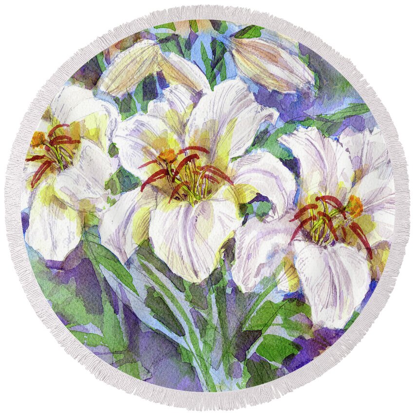 Lily Round Beach Towel featuring the painting Lilies by Garden Gate
