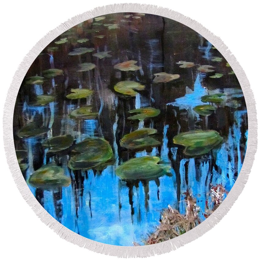 Acrylic Round Beach Towel featuring the painting Lilly Pads and Reflections by Barbara O'Toole