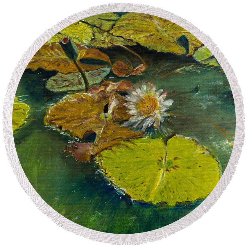 Lillies Round Beach Towel featuring the painting Lilypad by Kathy Knopp