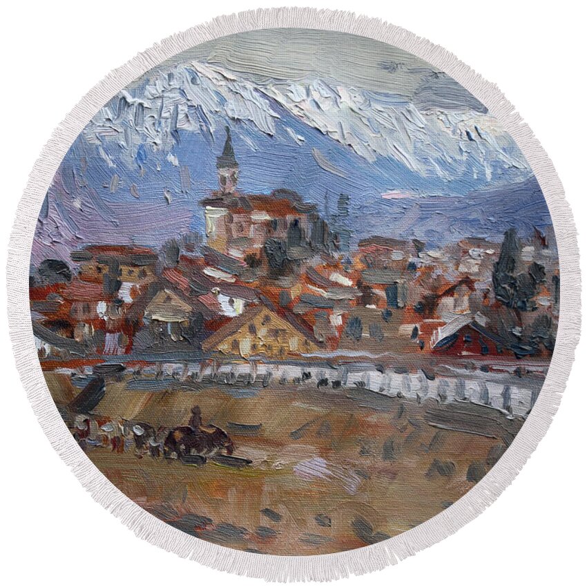 Limana Round Beach Towel featuring the painting Limana, Belluno, Italy by Ylli Haruni