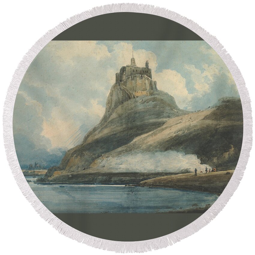 British Painters Round Beach Towel featuring the drawing Lindisfarne Castle, Holy Island, Northumberland by Thomas Girtin