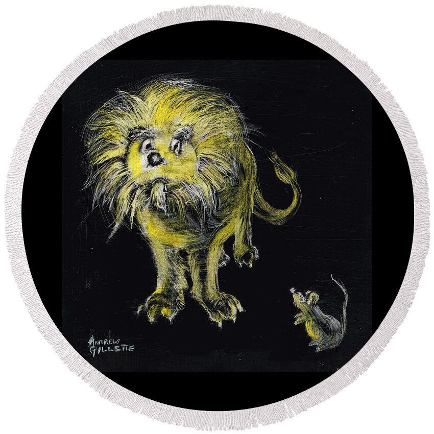 Lion Round Beach Towel featuring the drawing Lion and the Mouse by Andrew Gillette