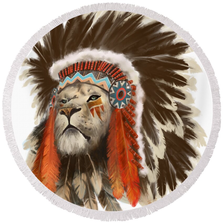 Lion Round Beach Towel featuring the painting Lion Chief by Sassan Filsoof