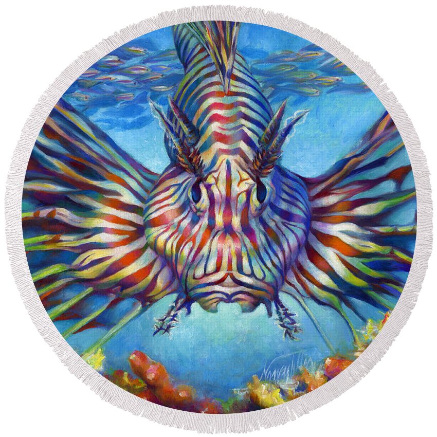 Lion Fish Round Beach Towel featuring the painting Lion Fish by Nancy Tilles