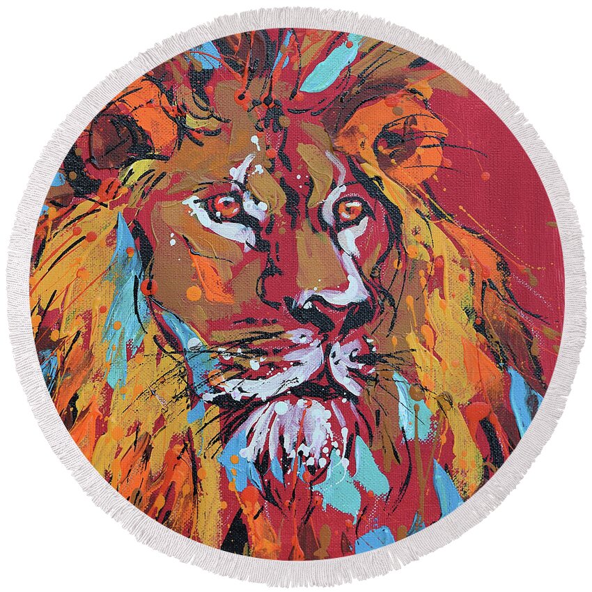  Round Beach Towel featuring the painting Lion by Jyotika Shroff