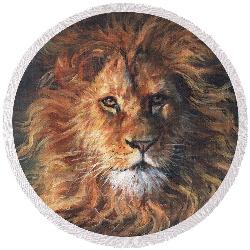 Lion Round Beach Towel featuring the painting Lion Portrait by David Stribbling