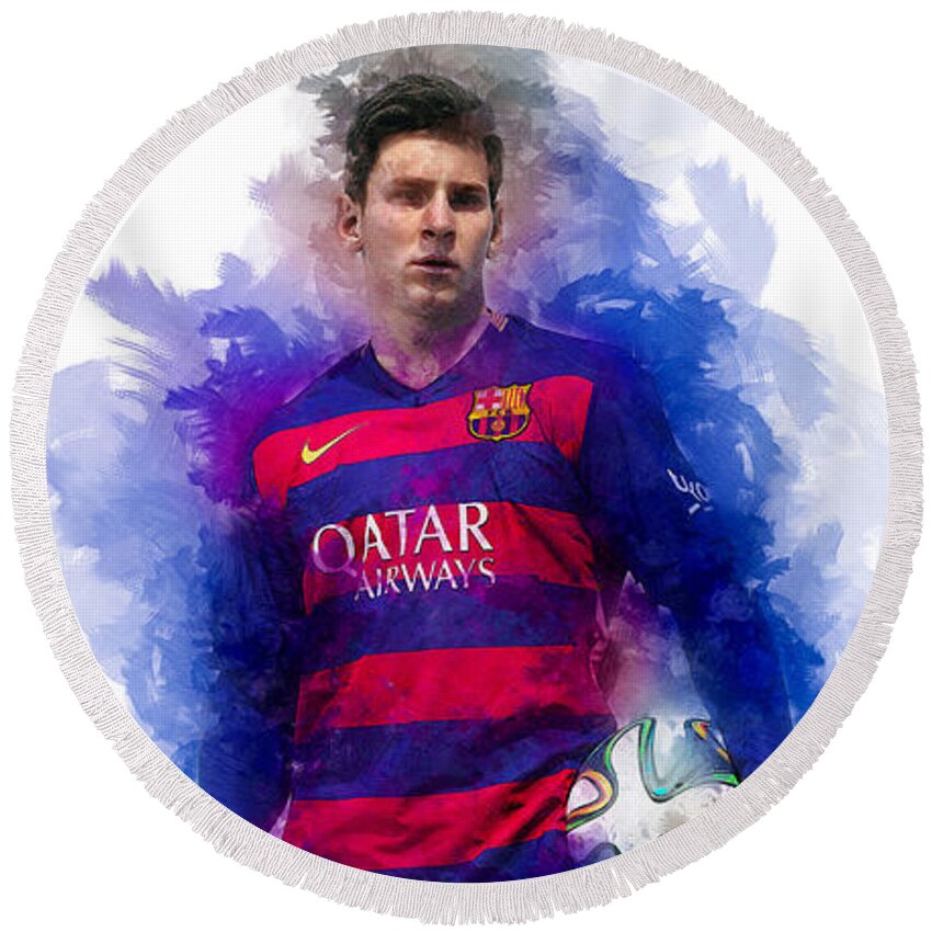 Football Round Beach Towel featuring the digital art Lionel Messi by Ian Mitchell