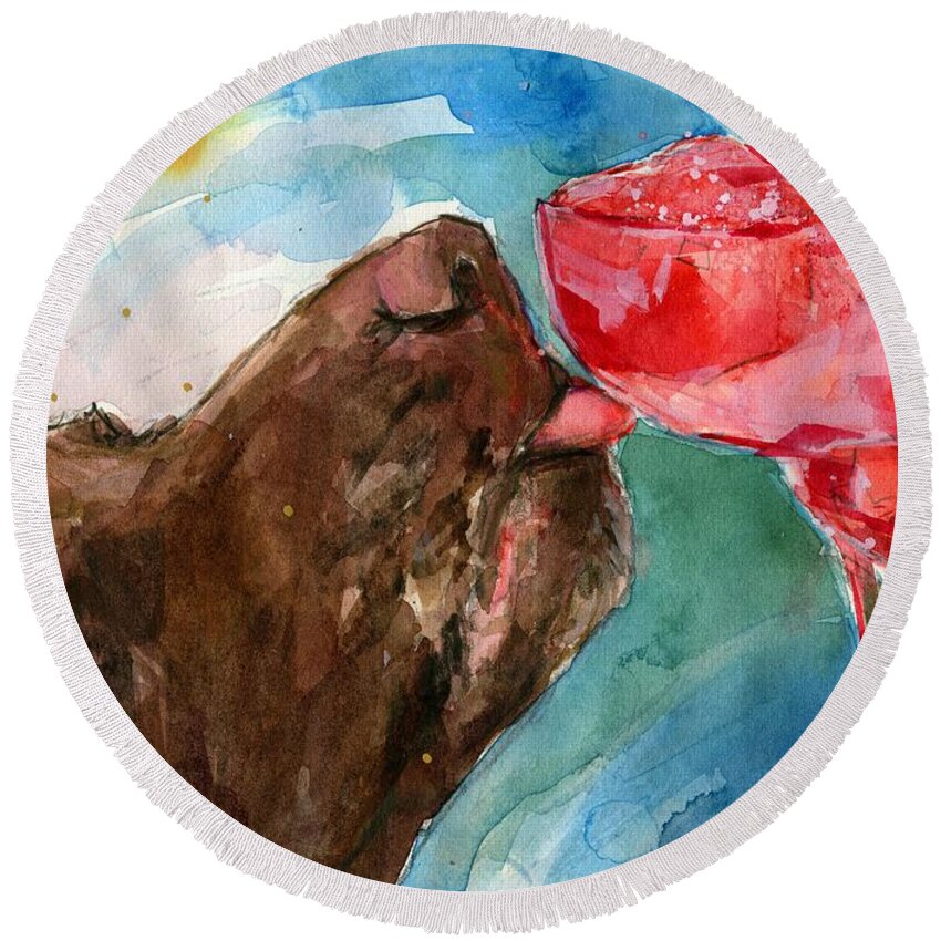 Chocolate Labrador Retriever Round Beach Towel featuring the painting Lip Smack Daq by Molly Poole