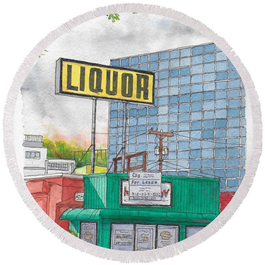 Liquor For Lease Round Beach Towel featuring the painting Liquor for lease in Burbank, California by Carlos G Groppa