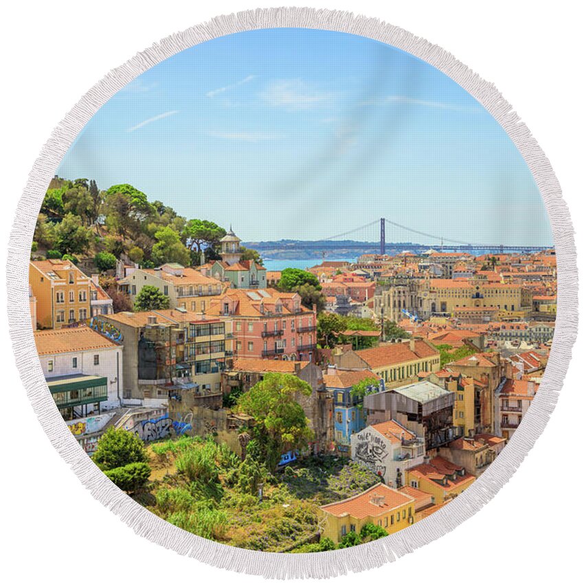 Lisbon Round Beach Towel featuring the photograph Lisbon aerial view by Benny Marty