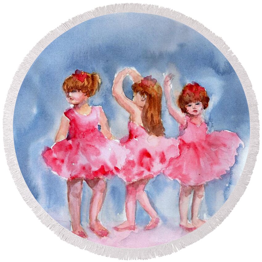 Three Ballerinas Round Beach Towel featuring the painting Little ballerinas by Asha Sudhaker Shenoy