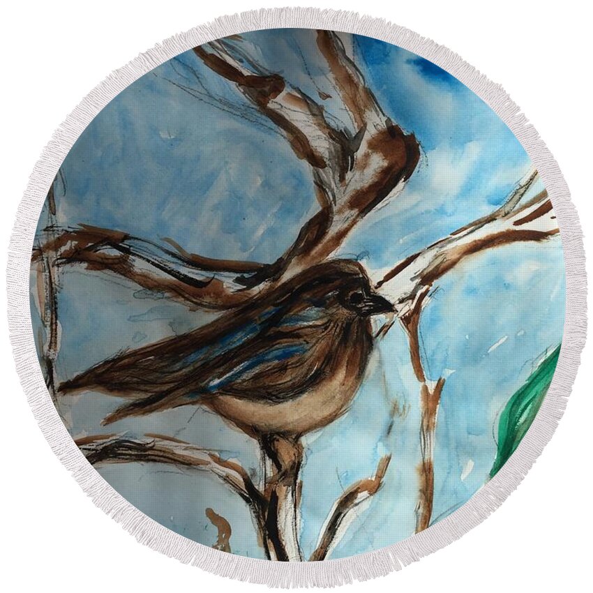 Bird Round Beach Towel featuring the painting Little Bird by Lucille Valentino