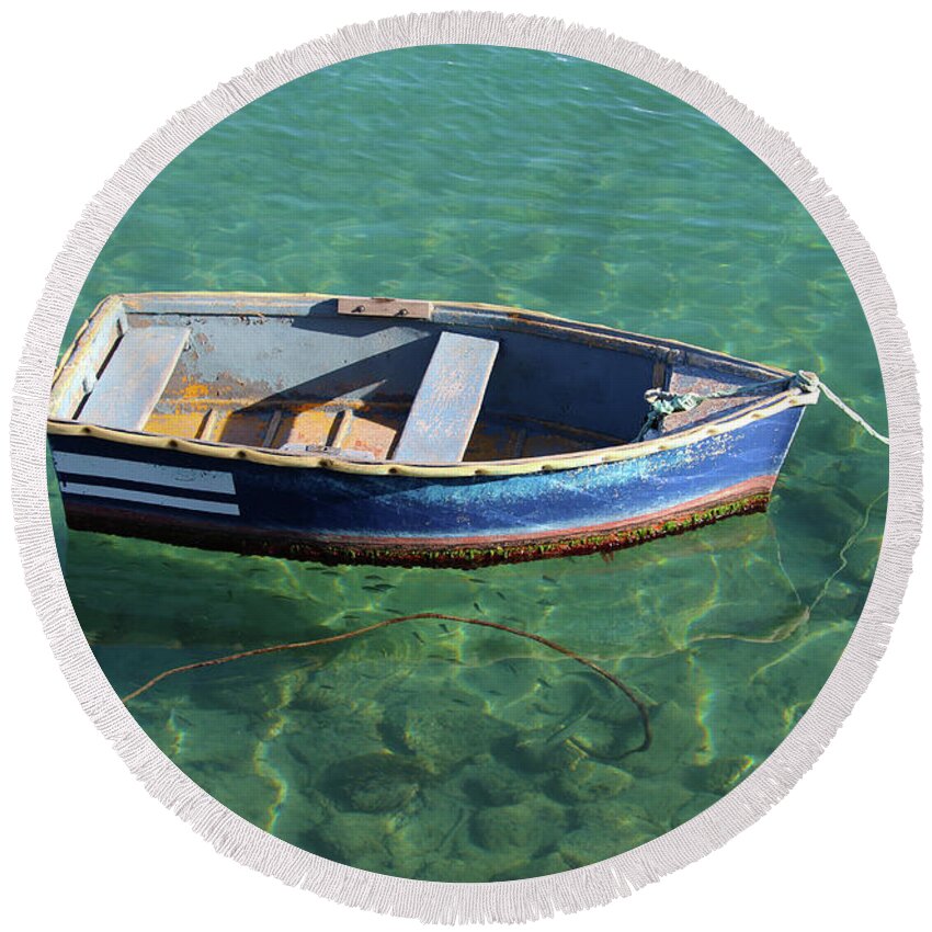 Blue Round Beach Towel featuring the photograph Little Blue Boat by Eddie Barron